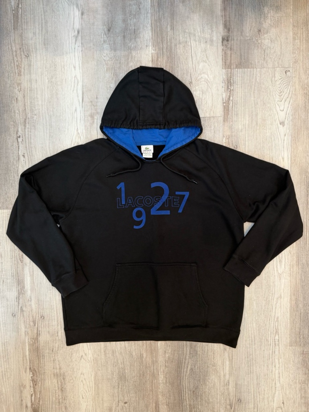 Lacoste Vintage Black Hoodie with Blue 1927 Felt Embroidered Logo Mens 8 3X